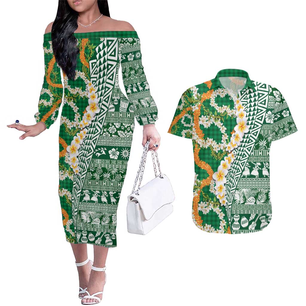 Hawaiian Plumeria Lei Couples Matching Off The Shoulder Long Sleeve Dress and Hawaiian Shirt Kakau Motifs and Palaka Half Style Green Color - Polynesian Pride