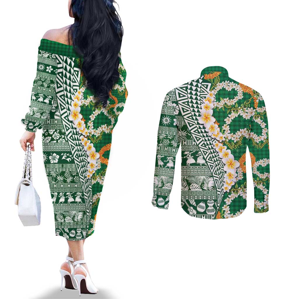 Hawaiian Plumeria Lei Couples Matching Off The Shoulder Long Sleeve Dress and Long Sleeve Button Shirt Kakau Motifs and Palaka Half Style Green Color - Polynesian Pride
