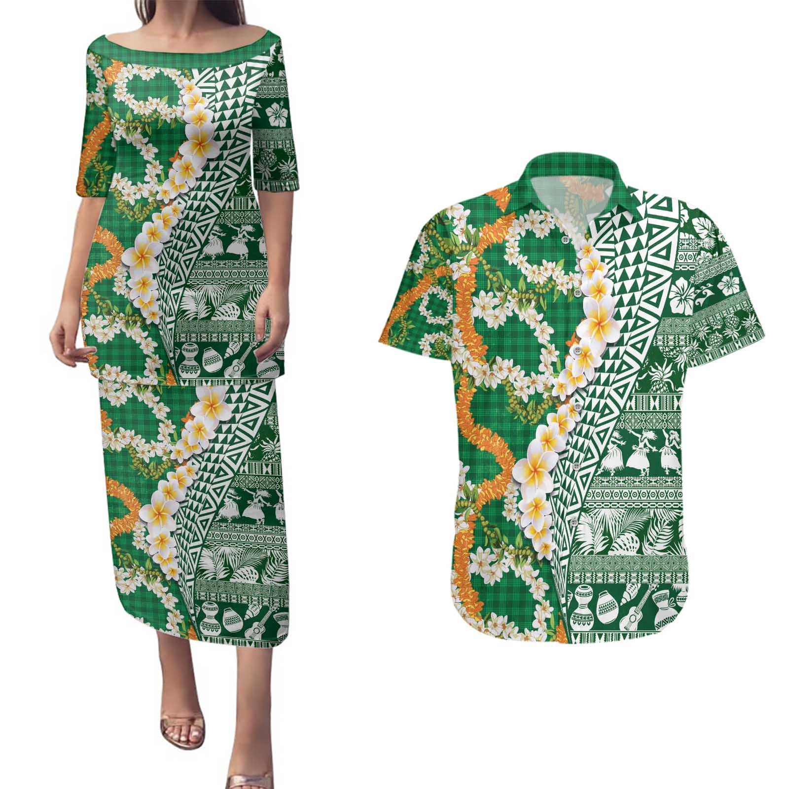 Hawaiian Plumeria Lei Couples Matching Puletasi and Hawaiian Shirt Kakau Motifs and Palaka Half Style Green Color - Polynesian Pride