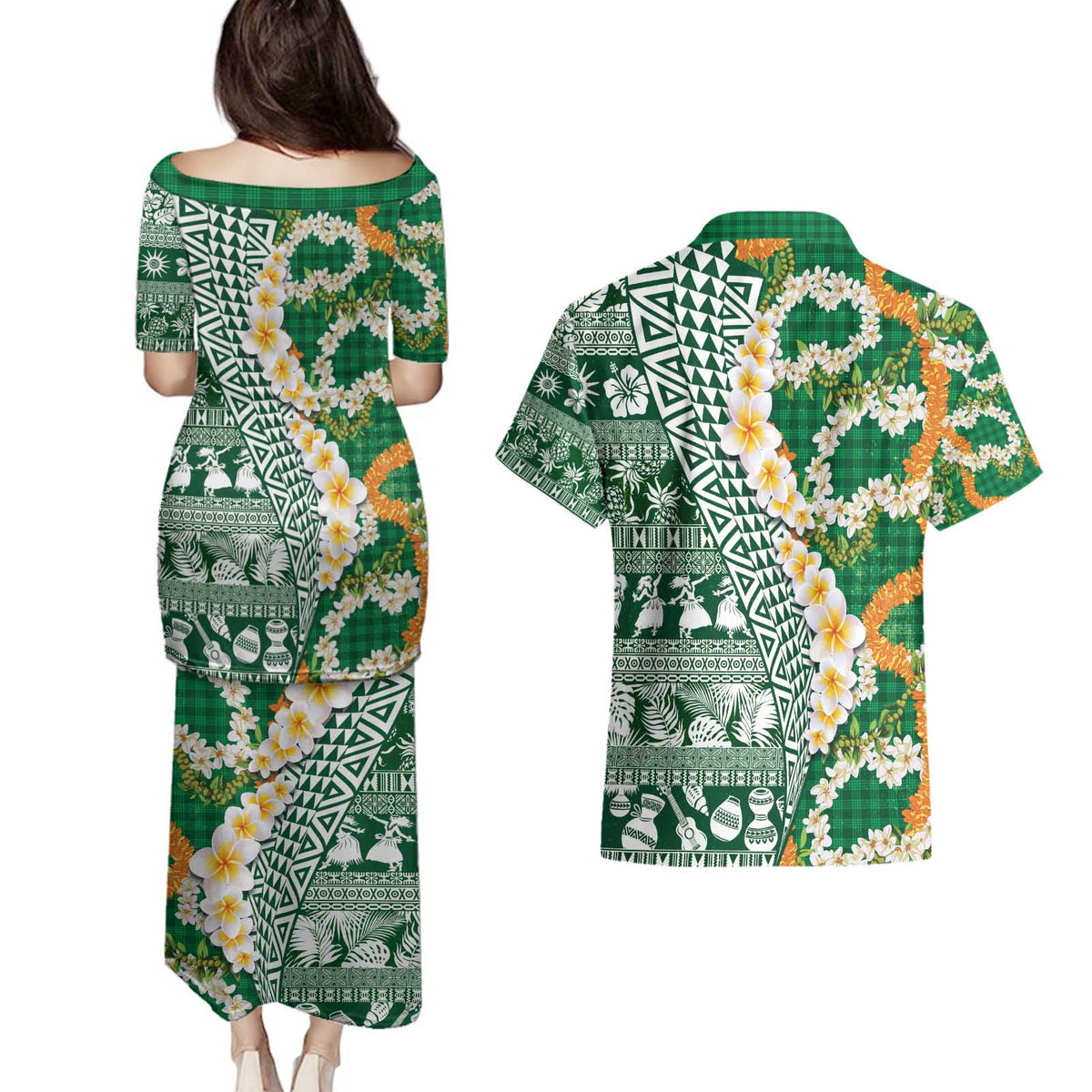 Hawaiian Plumeria Lei Couples Matching Puletasi and Hawaiian Shirt Kakau Motifs and Palaka Half Style Green Color - Polynesian Pride
