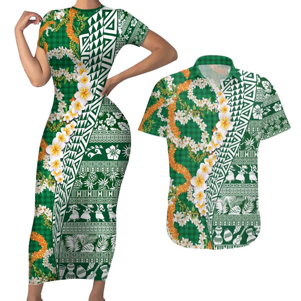 Hawaiian Plumeria Lei Couples Matching Short Sleeve Bodycon Dress and Hawaiian Shirt Kakau Motifs and Palaka Half Style Green Color - Polynesian Pride