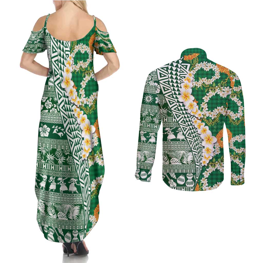 Hawaiian Plumeria Lei Couples Matching Summer Maxi Dress and Long Sleeve Button Shirt Kakau Motifs and Palaka Half Style Green Color - Polynesian Pride