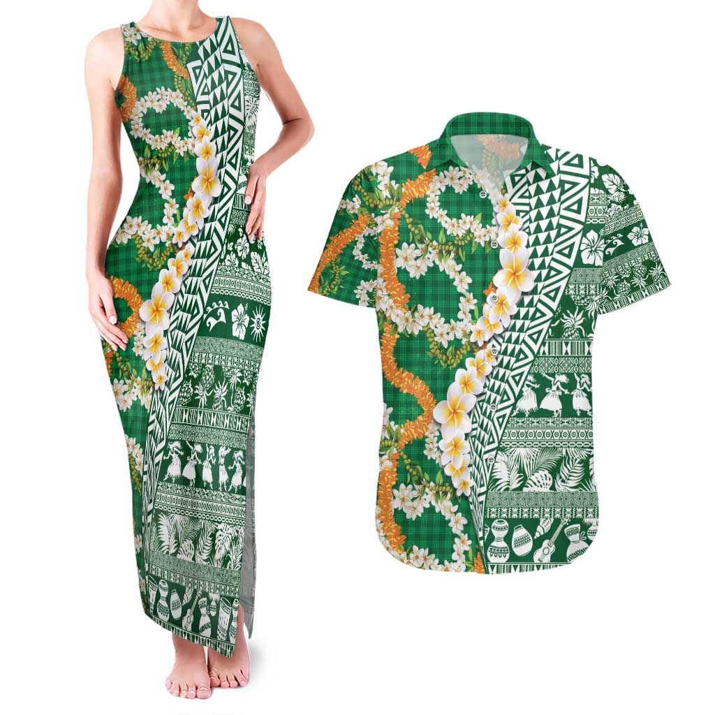 Hawaiian Plumeria Lei Couples Matching Tank Maxi Dress and Hawaiian Shirt Kakau Motifs and Palaka Half Style Green Color - Polynesian Pride