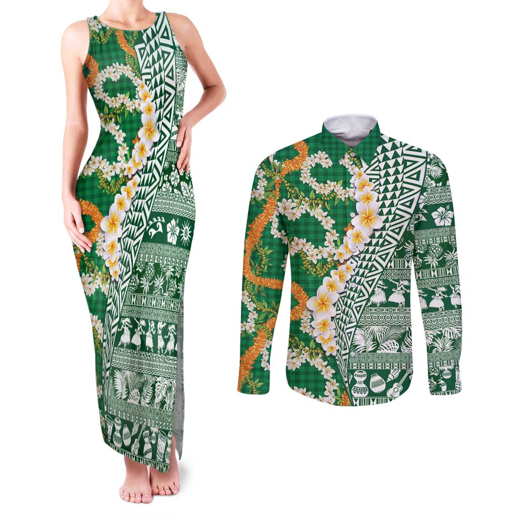 Hawaiian Plumeria Lei Couples Matching Tank Maxi Dress and Long Sleeve Button Shirt Kakau Motifs and Palaka Half Style Green Color - Polynesian Pride