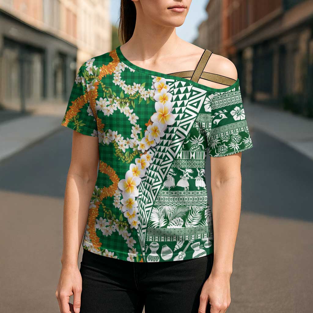 Hawaiian Plumeria Lei Cross Shoulder Shirt Kakau Motifs and Palaka Half Style Green Color - Polynesian Pride