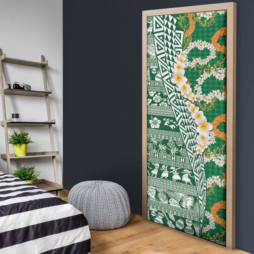 Hawaiian Plumeria Lei Door Cover Kakau Motifs and Palaka Half Style Green Color - Polynesian Pride