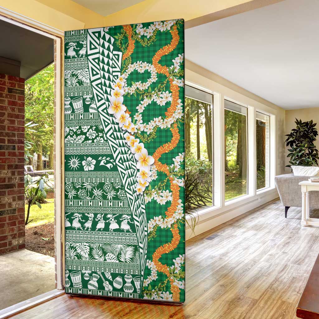 Hawaiian Plumeria Lei Door Cover Kakau Motifs and Palaka Half Style Green Color - Polynesian Pride