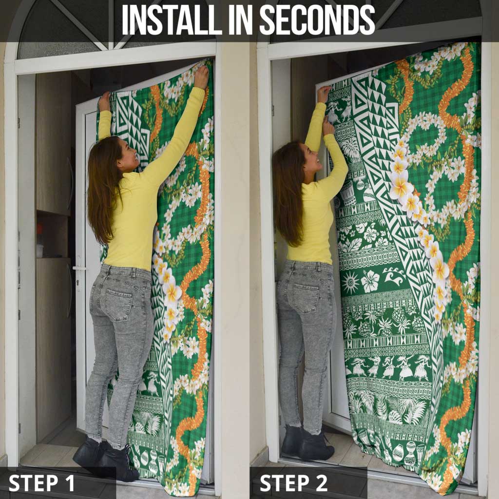 Hawaiian Plumeria Lei Door Cover Kakau Motifs and Palaka Half Style Green Color - Polynesian Pride