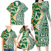Hawaiian Plumeria Lei Family Matching Long Sleeve Bodycon Dress and Hawaiian Shirt Kakau Motifs and Palaka Half Style Green Color - Polynesian Pride