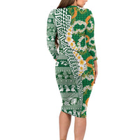 Hawaiian Plumeria Lei Family Matching Long Sleeve Bodycon Dress and Hawaiian Shirt Kakau Motifs and Palaka Half Style Green Color - Polynesian Pride