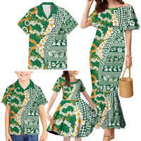 Hawaiian Plumeria Lei Family Matching Mermaid Dress and Hawaiian Shirt Kakau Motifs and Palaka Half Style Green Color - Polynesian Pride