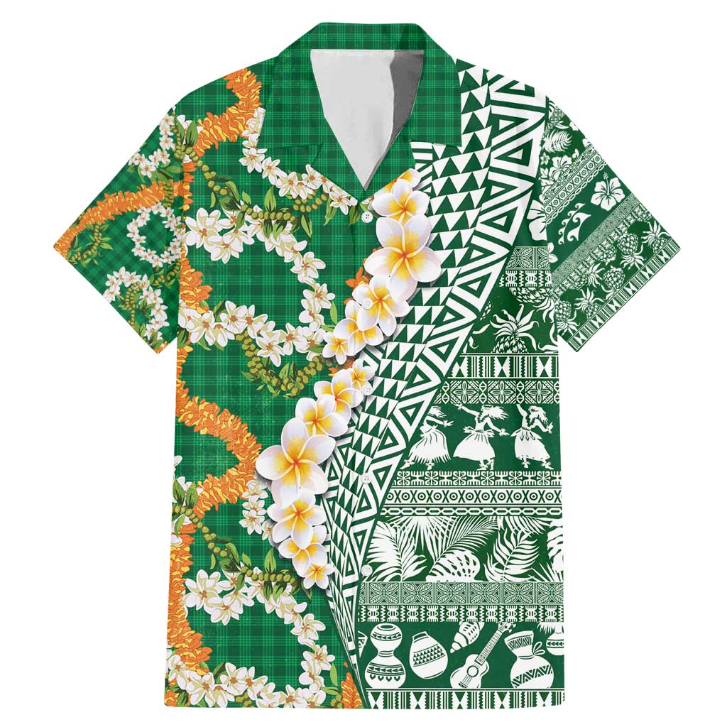 Hawaiian Plumeria Lei Family Matching Mermaid Dress and Hawaiian Shirt Kakau Motifs and Palaka Half Style Green Color - Polynesian Pride
