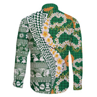 Hawaiian Plumeria Lei Family Matching Mermaid Dress and Hawaiian Shirt Kakau Motifs and Palaka Half Style Green Color - Polynesian Pride