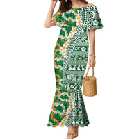 Hawaiian Plumeria Lei Family Matching Mermaid Dress and Hawaiian Shirt Kakau Motifs and Palaka Half Style Green Color - Polynesian Pride