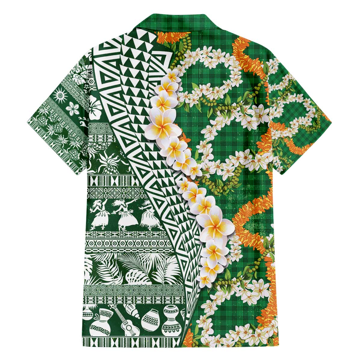 Hawaiian Plumeria Lei Family Matching Off The Shoulder Long Sleeve Dress and Hawaiian Shirt Kakau Motifs and Palaka Half Style Green Color - Polynesian Pride