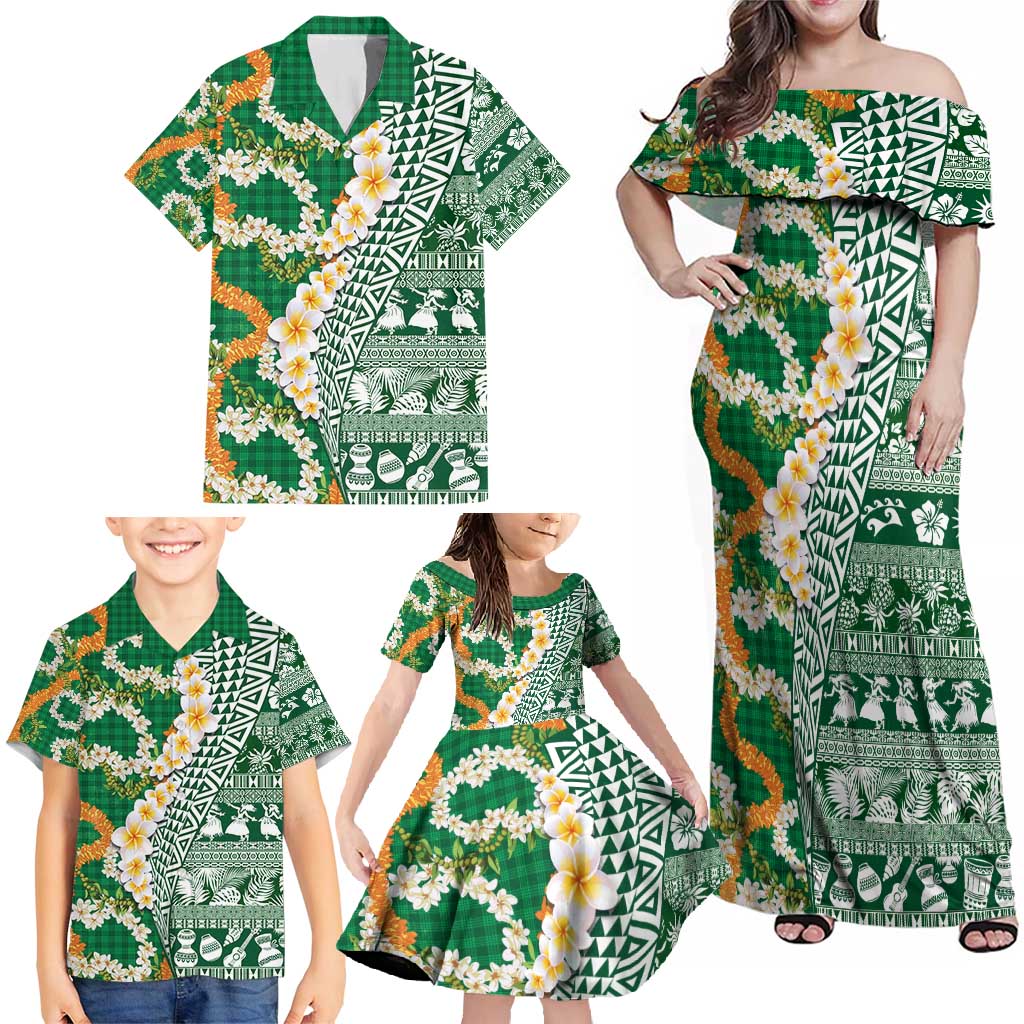 Hawaiian Plumeria Lei Family Matching Off Shoulder Maxi Dress and Hawaiian Shirt Kakau Motifs and Palaka Half Style Green Color - Polynesian Pride