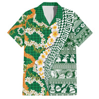 Hawaiian Plumeria Lei Family Matching Off Shoulder Maxi Dress and Hawaiian Shirt Kakau Motifs and Palaka Half Style Green Color - Polynesian Pride