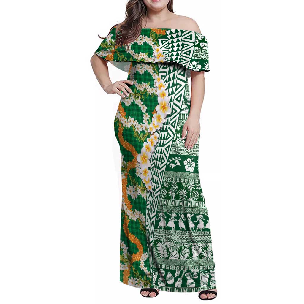 Hawaiian Plumeria Lei Family Matching Off Shoulder Maxi Dress and Hawaiian Shirt Kakau Motifs and Palaka Half Style Green Color - Polynesian Pride