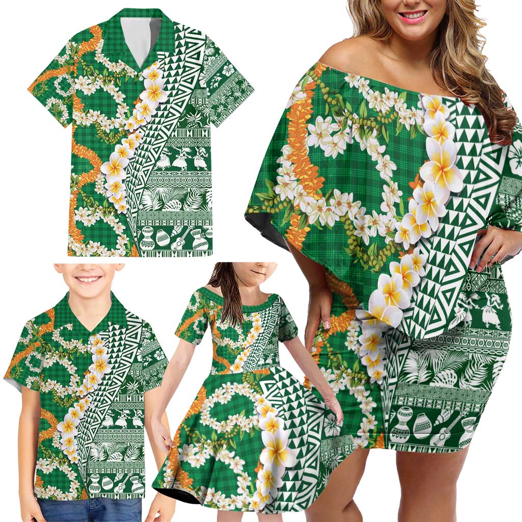 Hawaiian Plumeria Lei Family Matching Off Shoulder Short Dress and Hawaiian Shirt Kakau Motifs and Palaka Half Style Green Color - Polynesian Pride