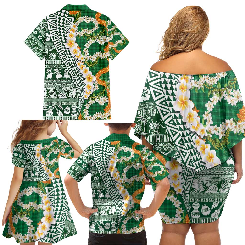 Hawaiian Plumeria Lei Family Matching Off Shoulder Short Dress and Hawaiian Shirt Kakau Motifs and Palaka Half Style Green Color - Polynesian Pride