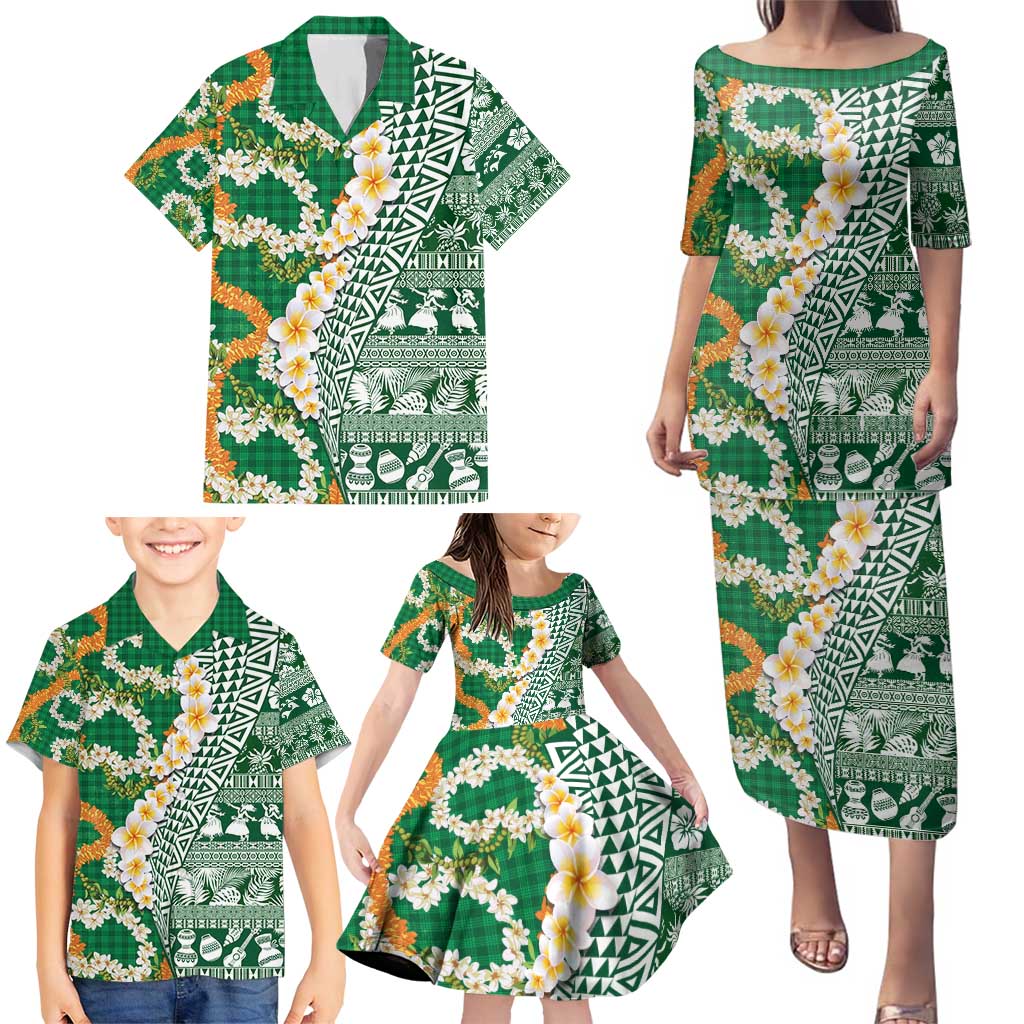 Hawaiian Plumeria Lei Family Matching Puletasi and Hawaiian Shirt Kakau Motifs and Palaka Half Style Green Color - Polynesian Pride
