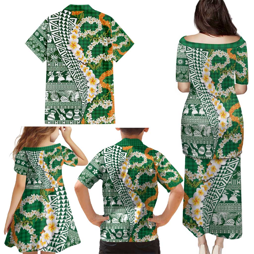 Hawaiian Plumeria Lei Family Matching Puletasi and Hawaiian Shirt Kakau Motifs and Palaka Half Style Green Color - Polynesian Pride