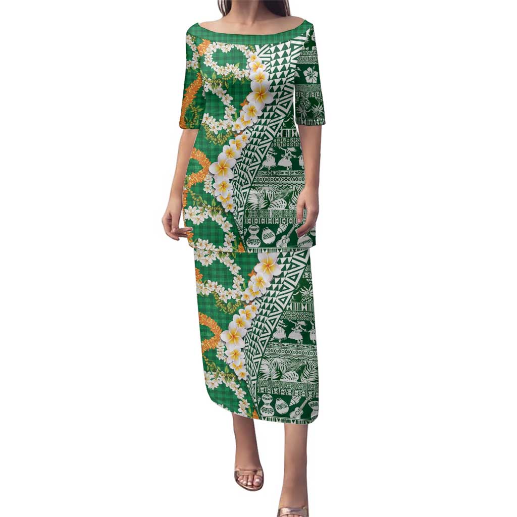 Hawaiian Plumeria Lei Family Matching Puletasi and Hawaiian Shirt Kakau Motifs and Palaka Half Style Green Color - Polynesian Pride