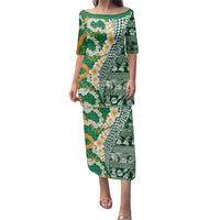 Hawaiian Plumeria Lei Family Matching Puletasi and Hawaiian Shirt Kakau Motifs and Palaka Half Style Green Color - Polynesian Pride