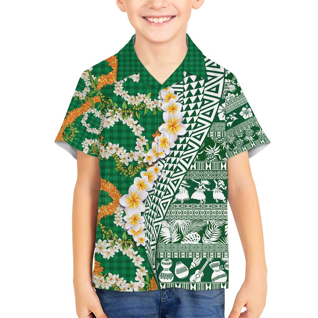 Hawaiian Plumeria Lei Family Matching Puletasi and Hawaiian Shirt Kakau Motifs and Palaka Half Style Green Color - Polynesian Pride
