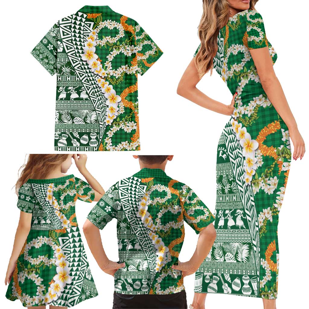Hawaiian Plumeria Lei Family Matching Short Sleeve Bodycon Dress and Hawaiian Shirt Kakau Motifs and Palaka Half Style Green Color - Polynesian Pride