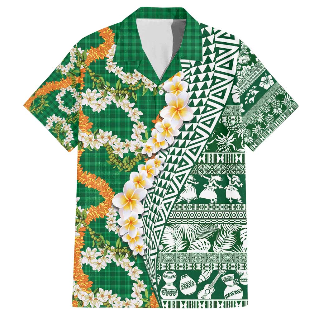 Hawaiian Plumeria Lei Family Matching Summer Maxi Dress and Hawaiian Shirt Kakau Motifs and Palaka Half Style Green Color - Polynesian Pride