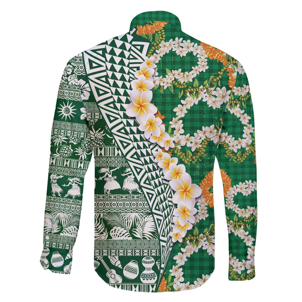 Hawaiian Plumeria Lei Family Matching Tank Maxi Dress and Hawaiian Shirt Kakau Motifs and Palaka Half Style Green Color - Polynesian Pride