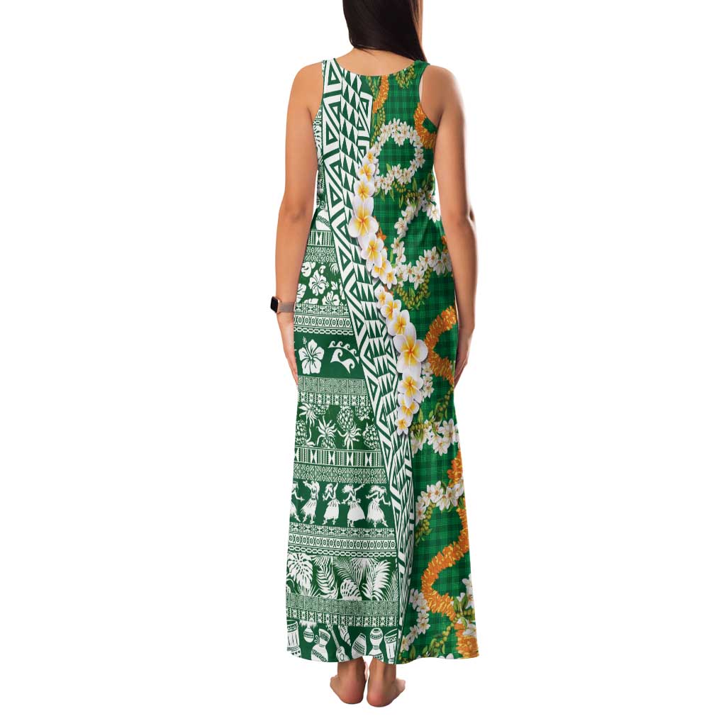 Hawaiian Plumeria Lei Family Matching Tank Maxi Dress and Hawaiian Shirt Kakau Motifs and Palaka Half Style Green Color - Polynesian Pride