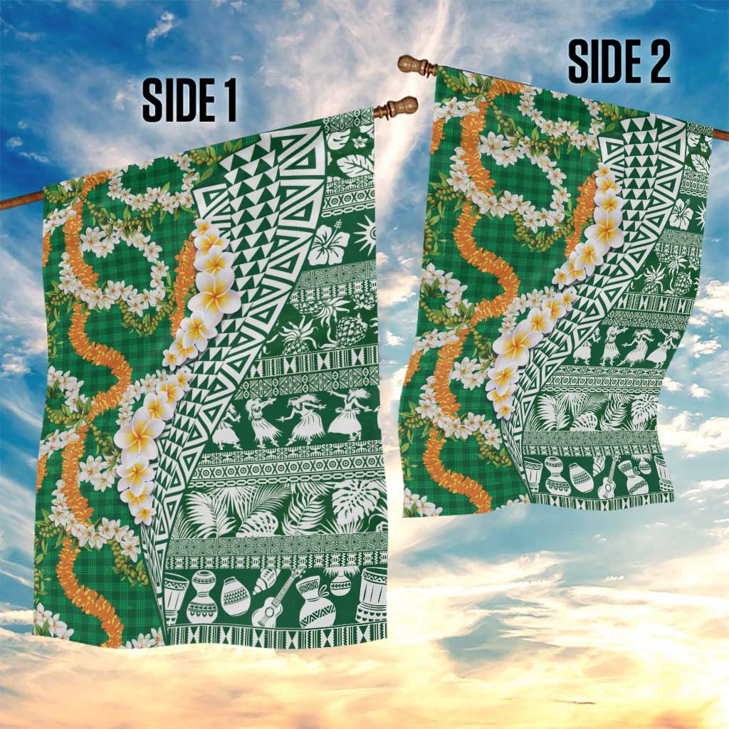 Hawaiian Plumeria Lei Garden Flag Kakau Motifs and Palaka Half Style Green Color - Polynesian Pride