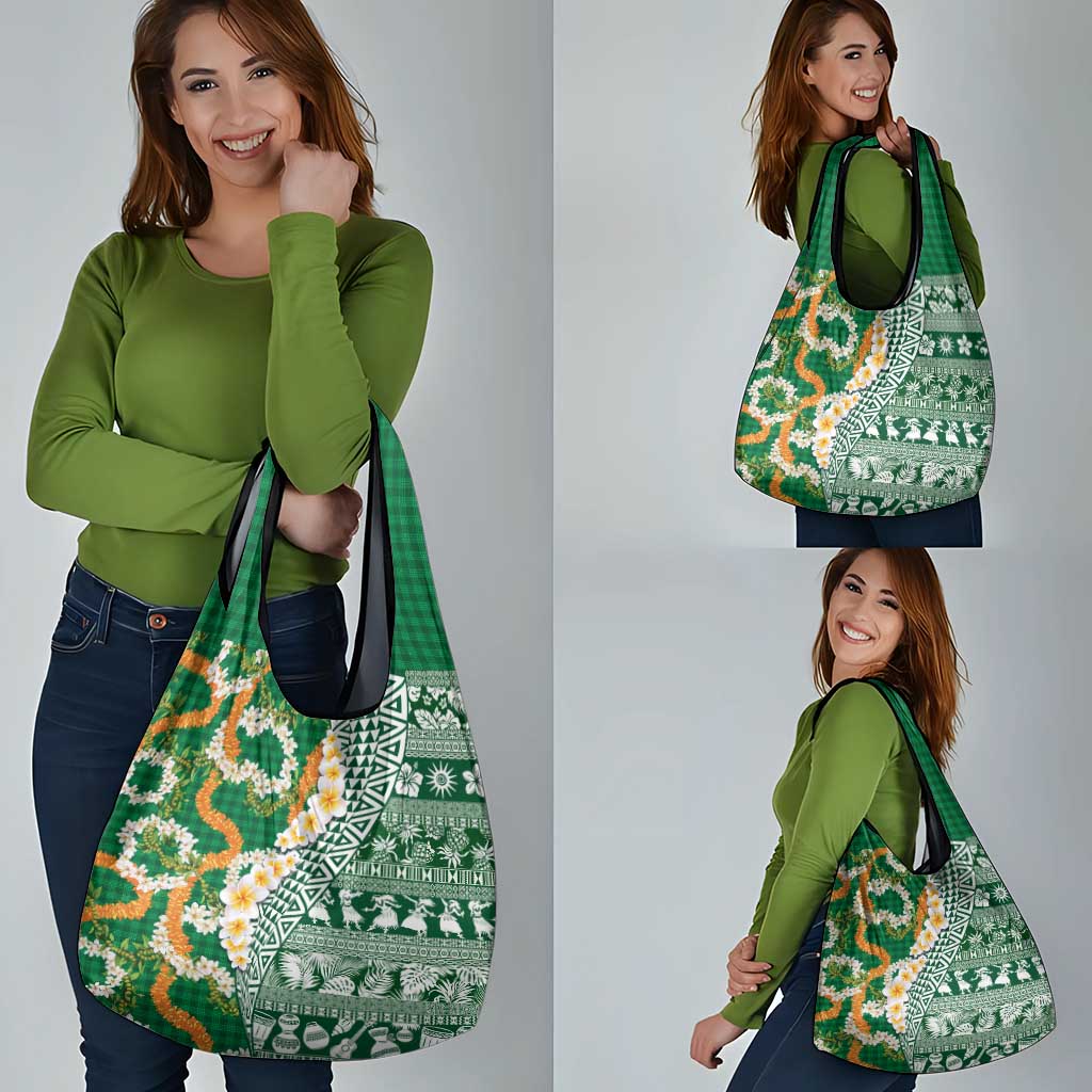 Hawaiian Plumeria Lei Grocery Bag Kakau Motifs and Palaka Half Style Green Color - Polynesian Pride