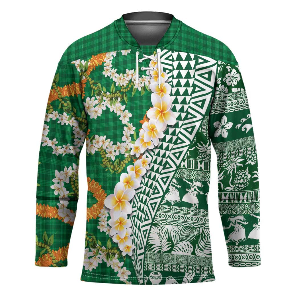 Hawaiian Plumeria Lei Hockey Jersey Kakau Motifs and Palaka Half Style Green Color - Polynesian Pride