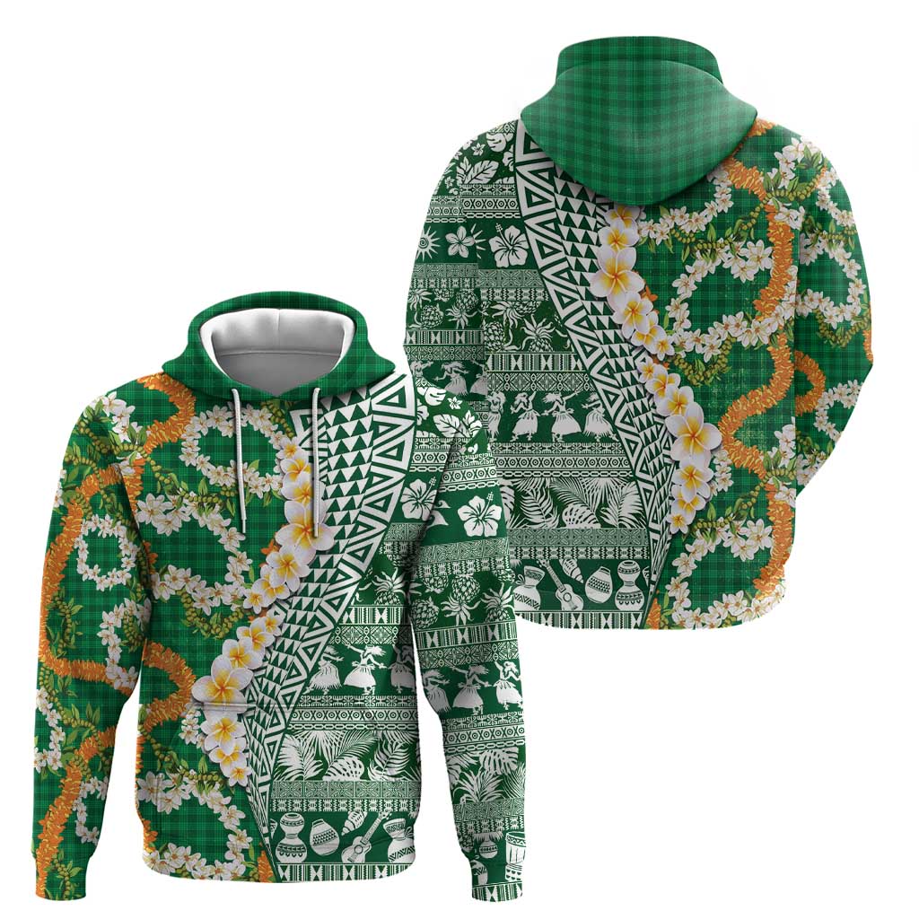 Hawaiian Plumeria Lei Hoodie Kakau Motifs and Palaka Half Style Green Color - Polynesian Pride