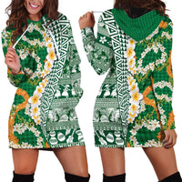 Hawaiian Plumeria Lei Hoodie Dress Kakau Motifs and Palaka Half Style Green Color - Polynesian Pride