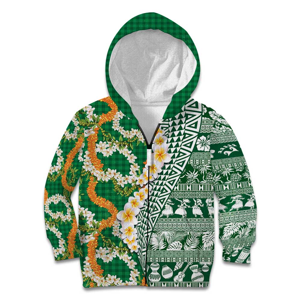 Hawaiian Plumeria Lei Kid Hoodie Kakau Motifs and Palaka Half Style Green Color - Polynesian Pride