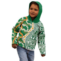 Hawaiian Plumeria Lei Kid Hoodie Kakau Motifs and Palaka Half Style Green Color - Polynesian Pride