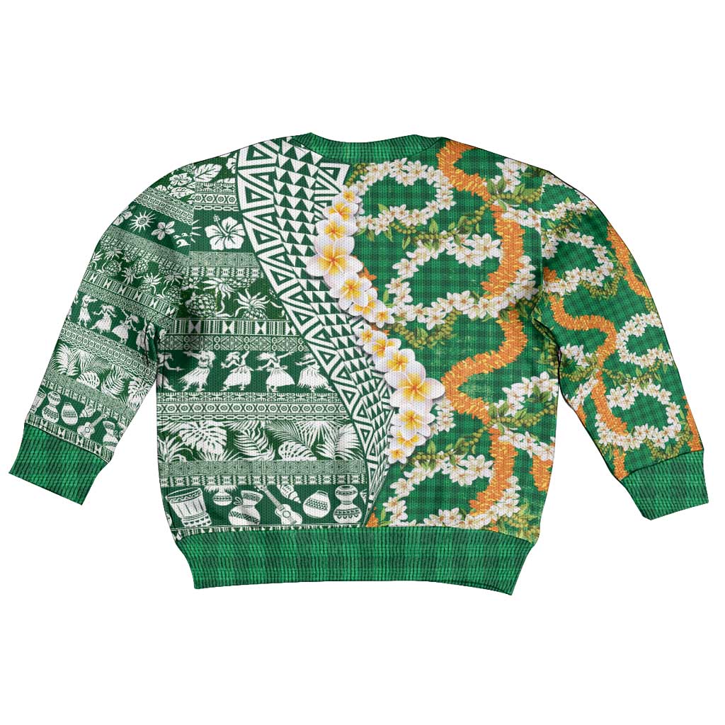 Hawaiian Plumeria Lei Kid Ugly Christmas Sweater Kakau Motifs and Palaka Half Style Green Color - Polynesian Pride