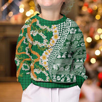 Hawaiian Plumeria Lei Kid Ugly Christmas Sweater Kakau Motifs and Palaka Half Style Green Color - Polynesian Pride