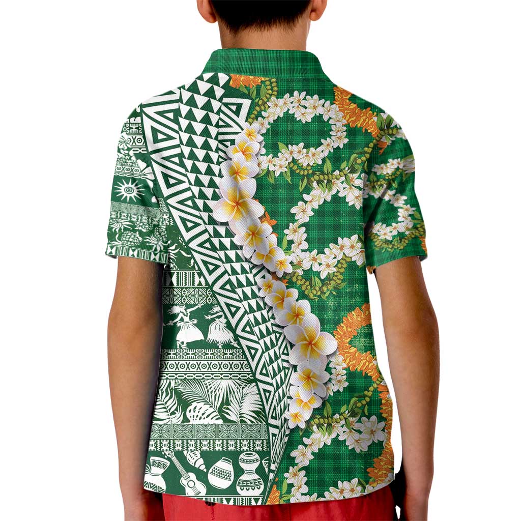 Hawaiian Plumeria Lei Kid Polo Shirt Kakau Motifs and Palaka Half Style Green Color - Polynesian Pride