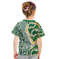 Hawaiian Plumeria Lei Kid T Shirt Kakau Motifs and Palaka Half Style Green Color - Polynesian Pride