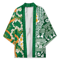 Hawaiian Plumeria Lei Kimono Kakau Motifs and Palaka Half Style Green Color - Polynesian Pride