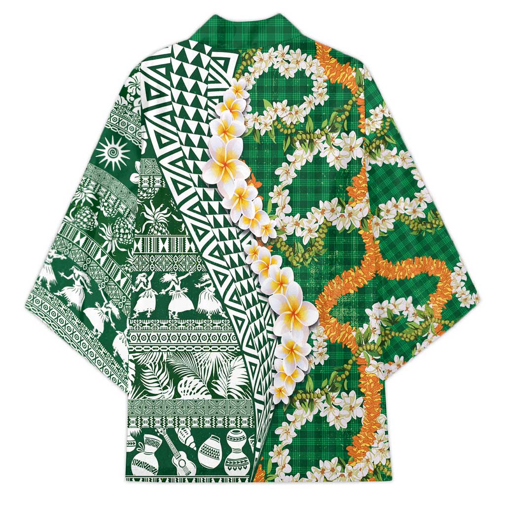 Hawaiian Plumeria Lei Kimono Kakau Motifs and Palaka Half Style Green Color - Polynesian Pride
