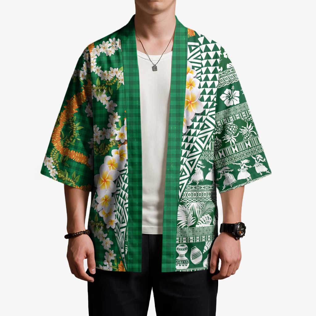 Hawaiian Plumeria Lei Kimono Kakau Motifs and Palaka Half Style Green Color - Polynesian Pride