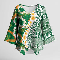 Hawaiian Plumeria Lei Kimono Sleeve Blouse Kakau Motifs and Palaka Half Style Green Color - Polynesian Pride
