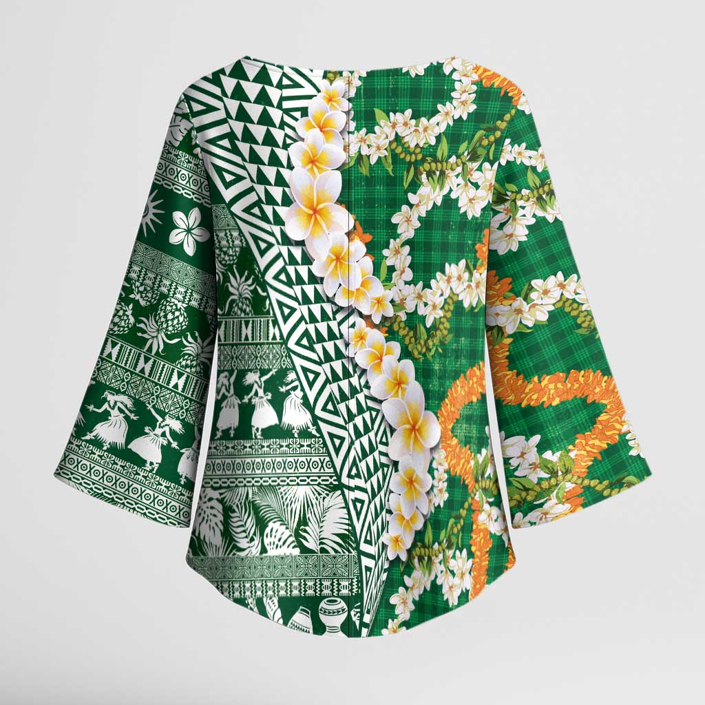 Hawaiian Plumeria Lei Kimono Sleeve Blouse Kakau Motifs and Palaka Half Style Green Color - Polynesian Pride