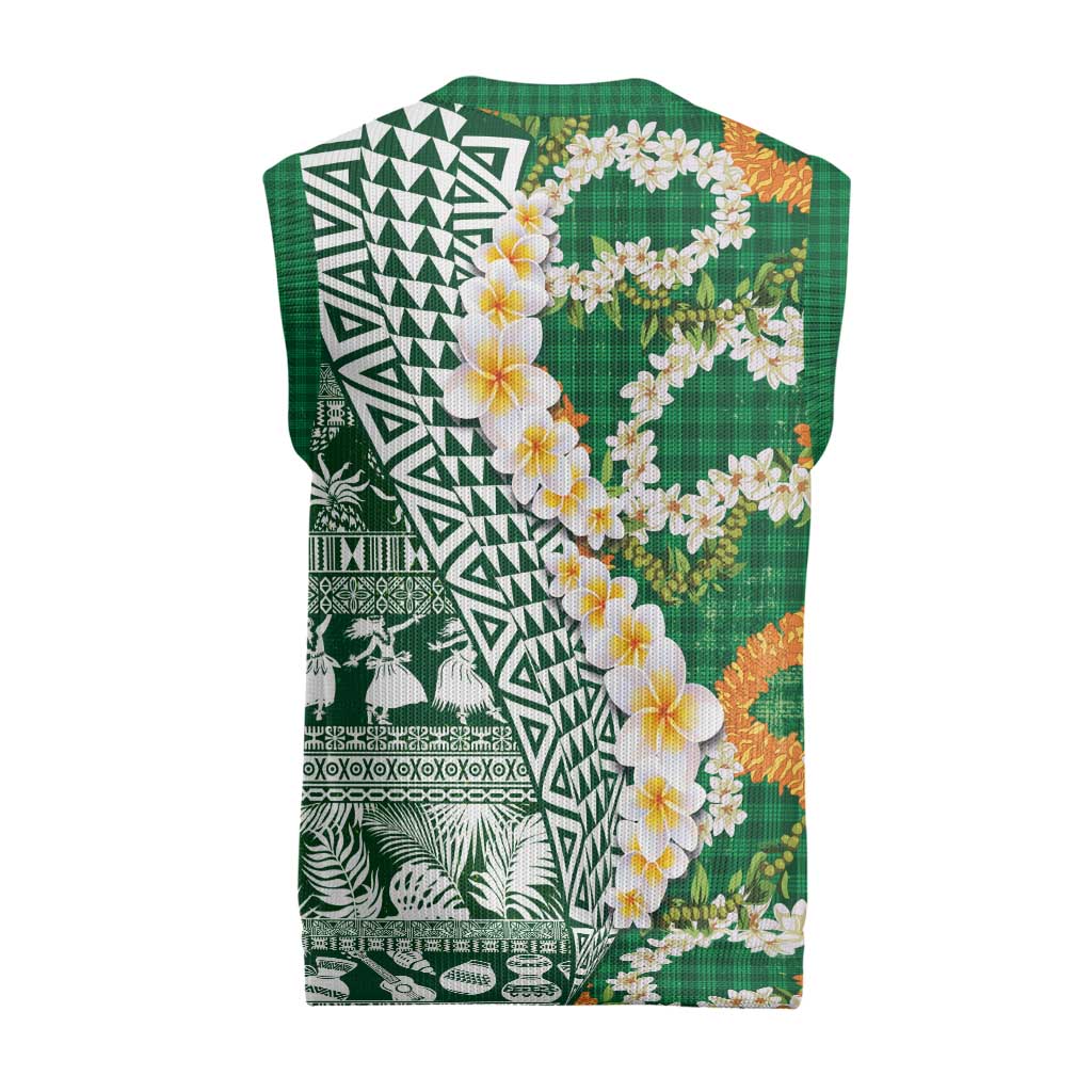 Hawaiian Plumeria Lei Christmas Knitted V-Neck Vest Kakau Motifs and Palaka Half Style Green Color - Polynesian Pride